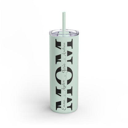 Personalized 20oz MOM tumbler with children’s names in script and matte finish:  Sea Glass color variant

