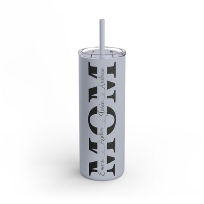 Personalized 20oz MOM tumbler with children’s names in script and matte finish:  dusty blue color variant

