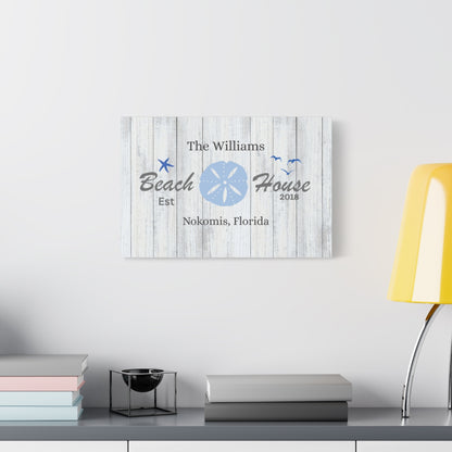 Personalized beach house sign with decorative elements on a white wall.