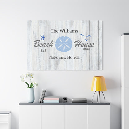 Personalized beach house sign with decorative elements on a wall.