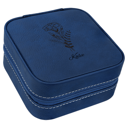 Personalized blue jewelry box with birth flower design