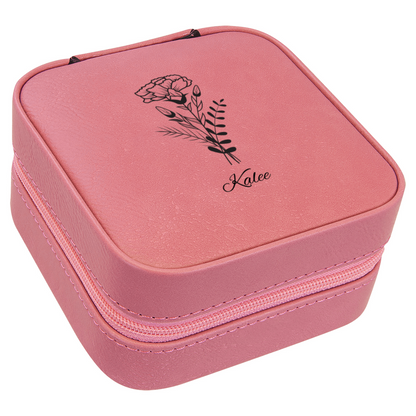 Pink leather jewelry case for women with flower engraving