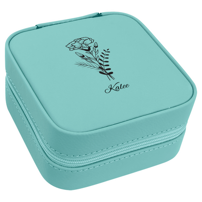 Teal jewelry travel case with custom name and flower