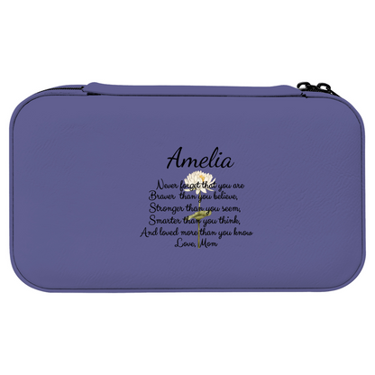 Purple Custom zippered pouch with name and floral design, partially inside tote