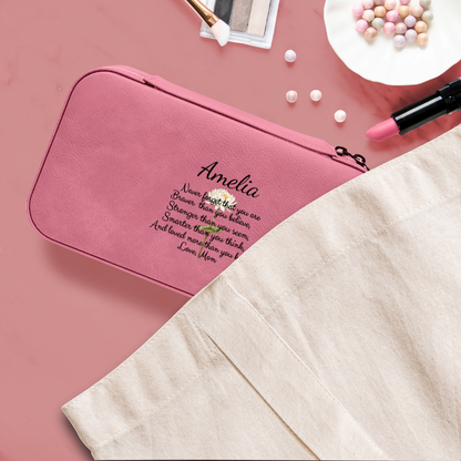 Personalized pink makeup bag with the name Amelia and motivational message