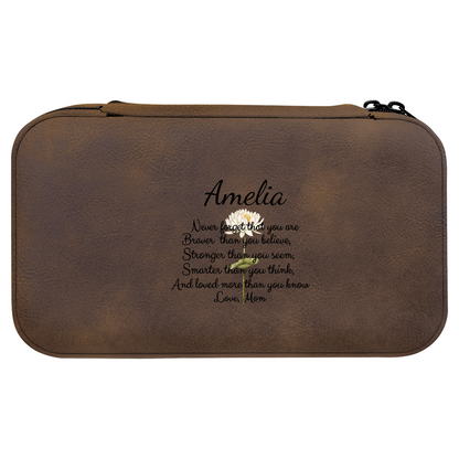 Custom zippered pouch with name and floral design, partially inside tote