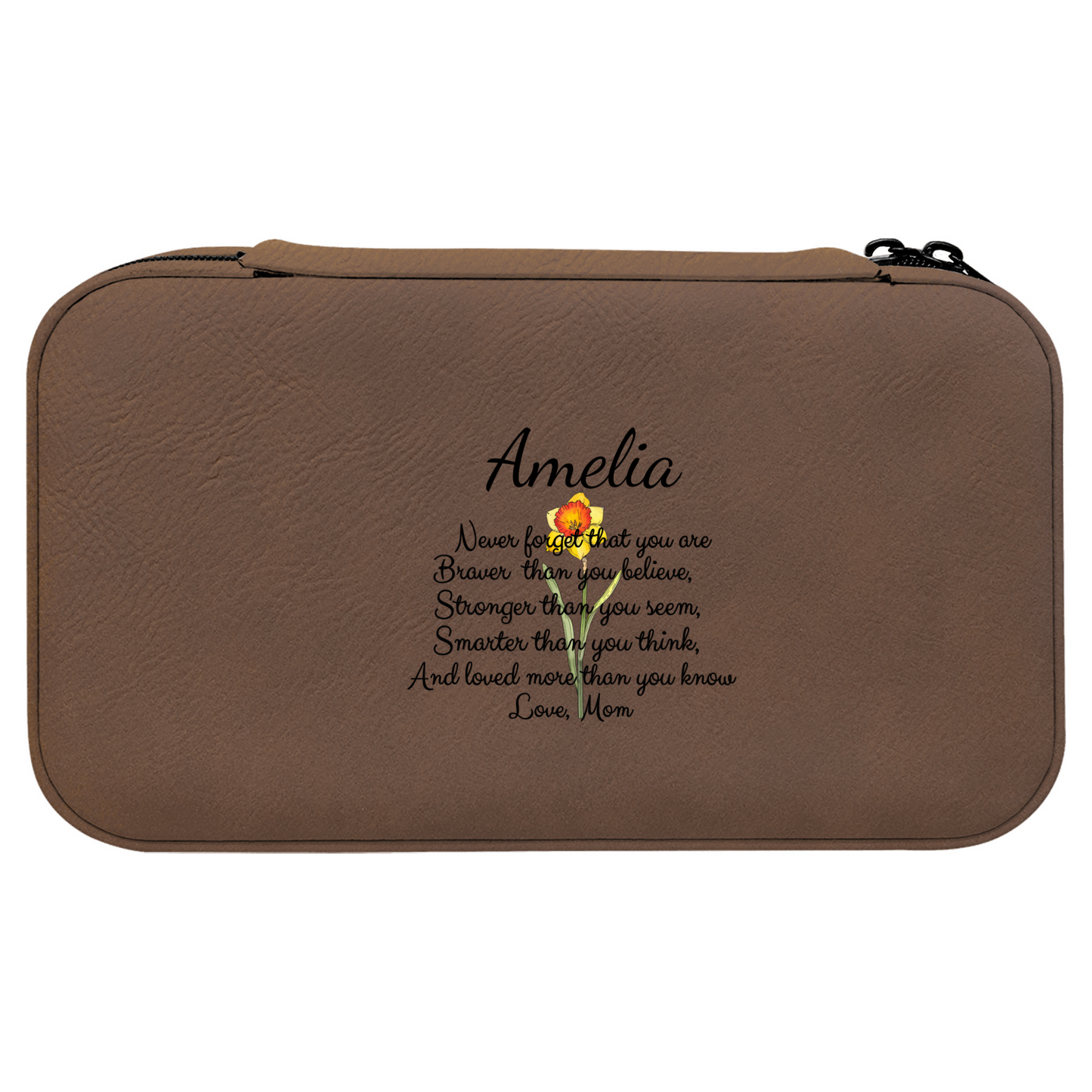 Faux leather cosmetic bag with inspirational quote and name personalization