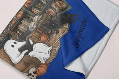 Personalized blanket with ghost and book design, featuring the name 'Stephanie'.