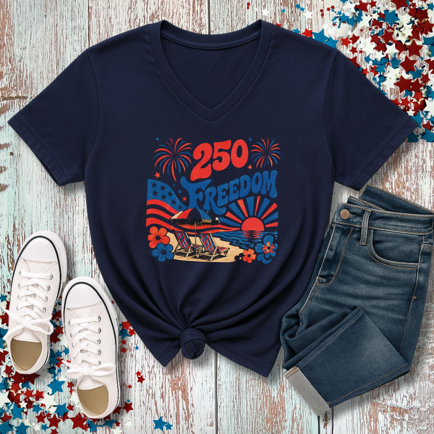 VINTAGE 70'S BEACH INDEPENDENCE DAY V NECK
