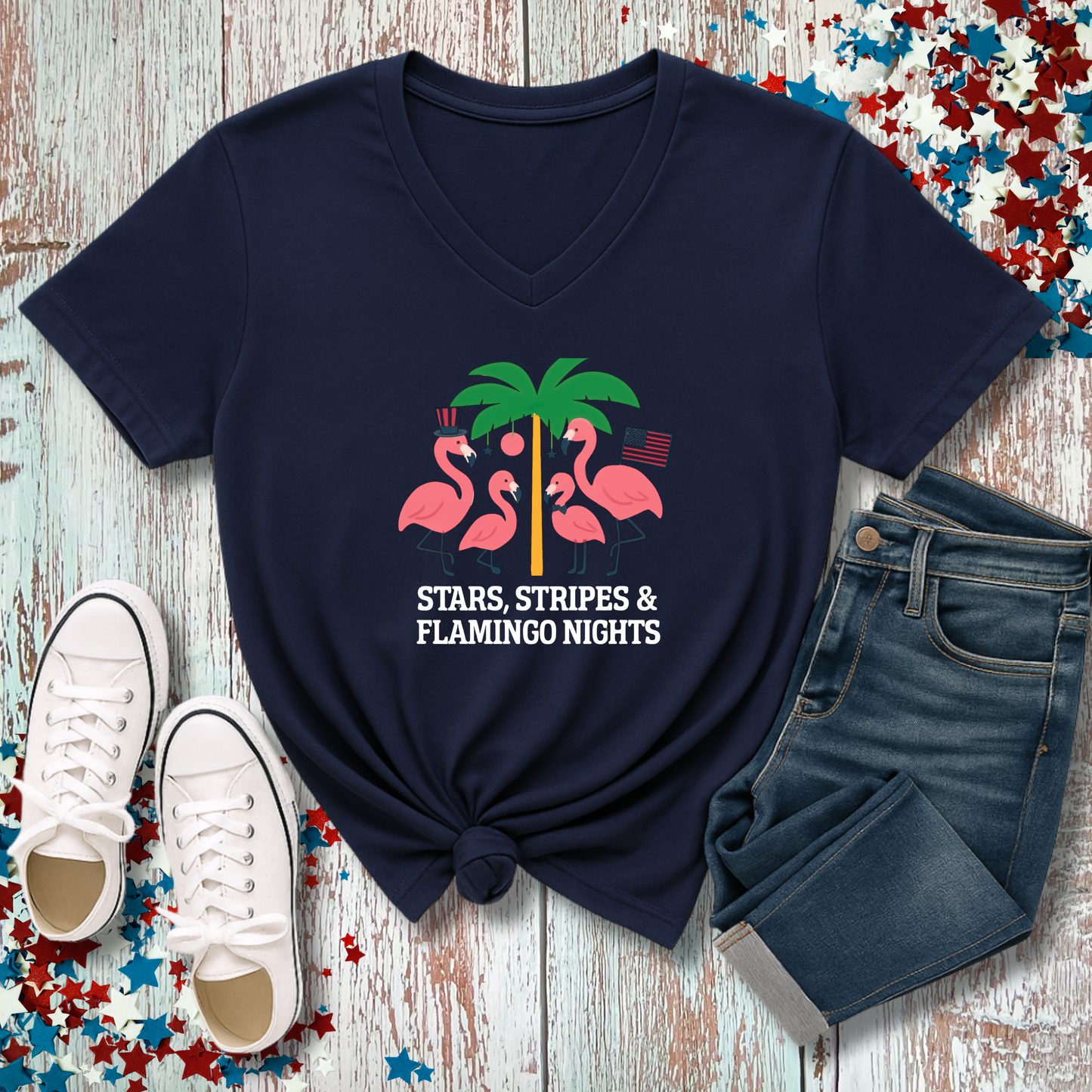 STARS, STRIPES & FLAMINGO NIGHTS V-NECK