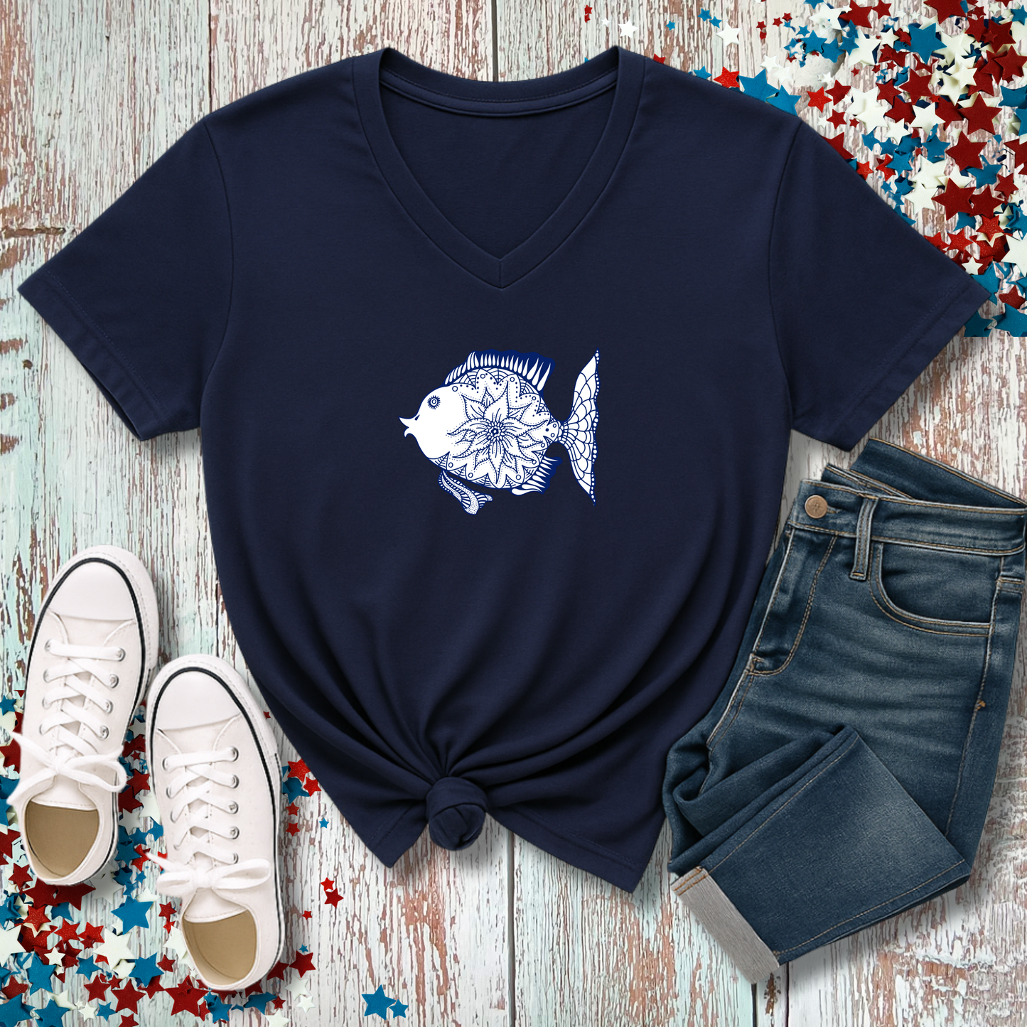 MOSAIC FISH V-NECK