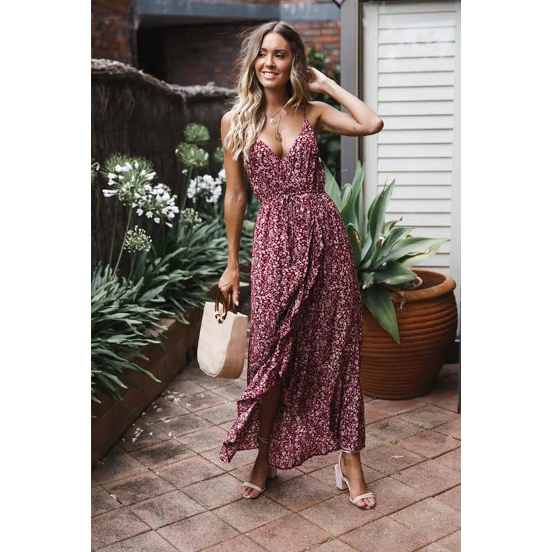 Floral Spaghetti Strap Maxi Dress – Wine Red Summer Dress