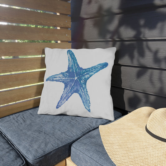 Watercolor Blue Starfish Outdoor Pillow – Coastal UV & Water-Resistant Patio Decor