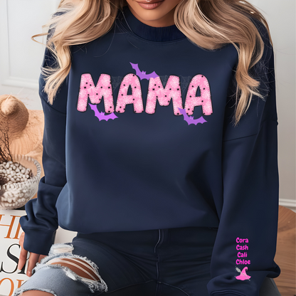 Spooky season mama sweatshirt with fun sleeve detail

