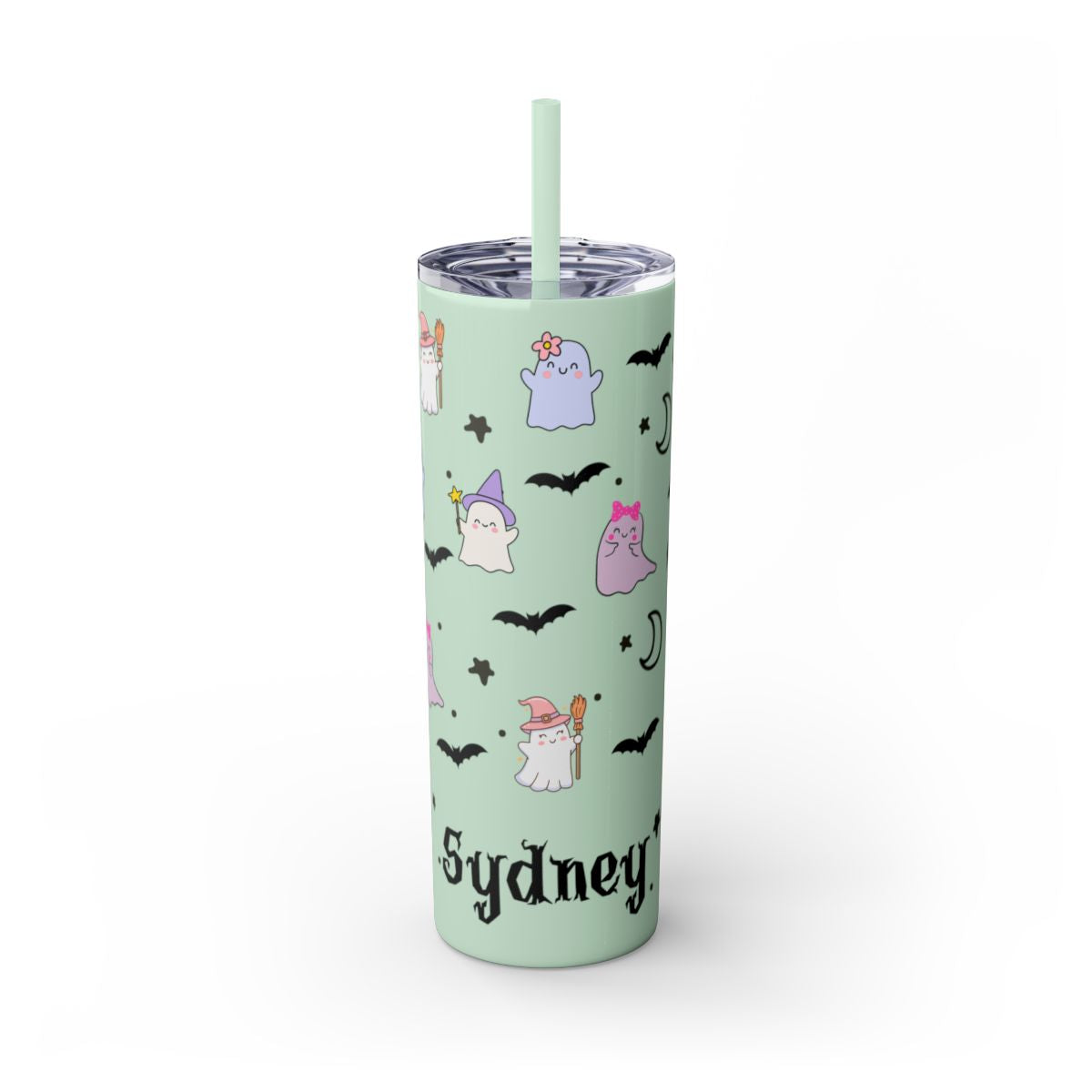 Tumbler with Halloween-themed design and straw on a white background