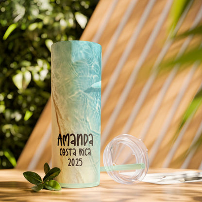 Custom 20oz beach-themed travel tumbler with matching straw