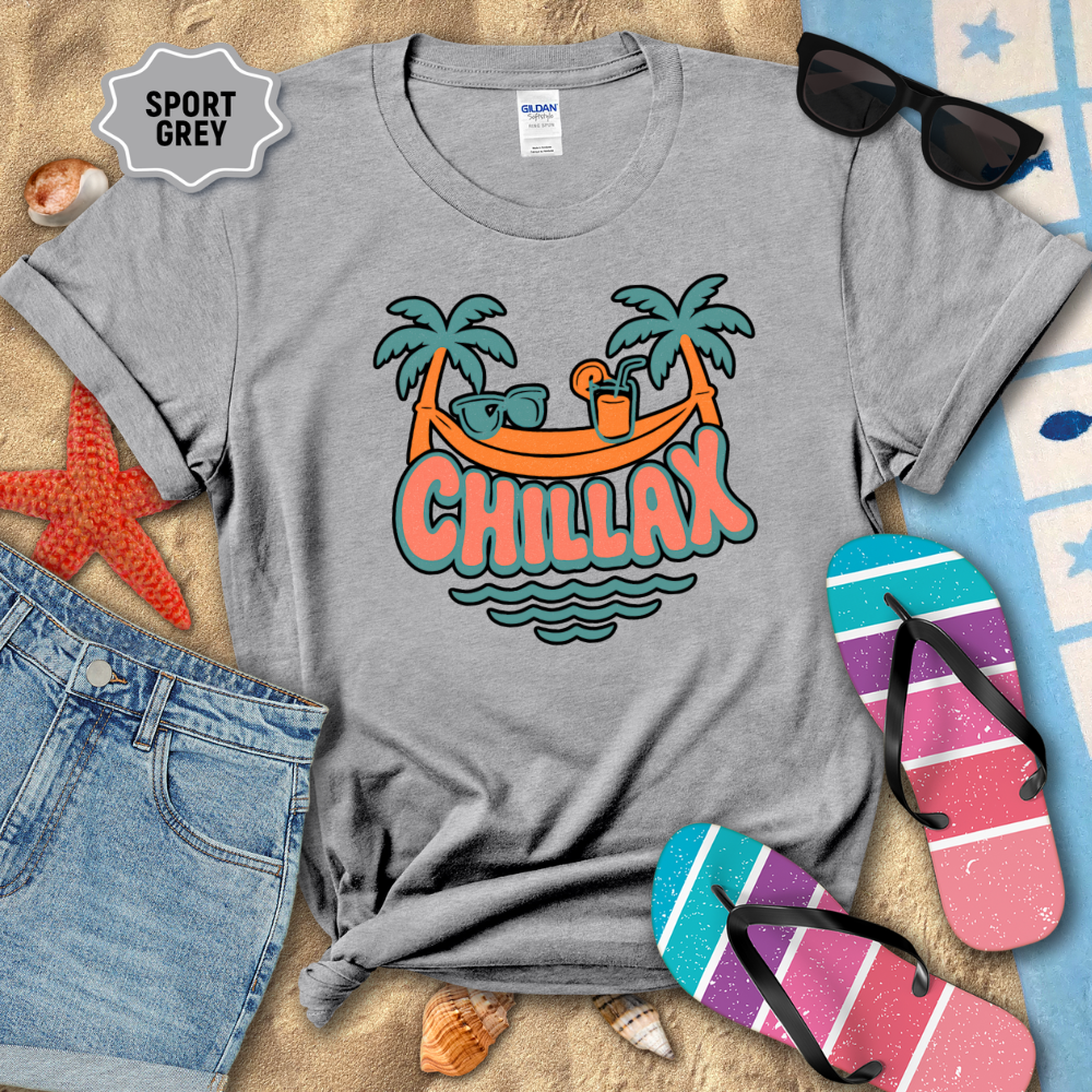 Gray t-shirt with 'Chillax' design on a beach-themed background with sunglasses, flip-flops, and starfish.