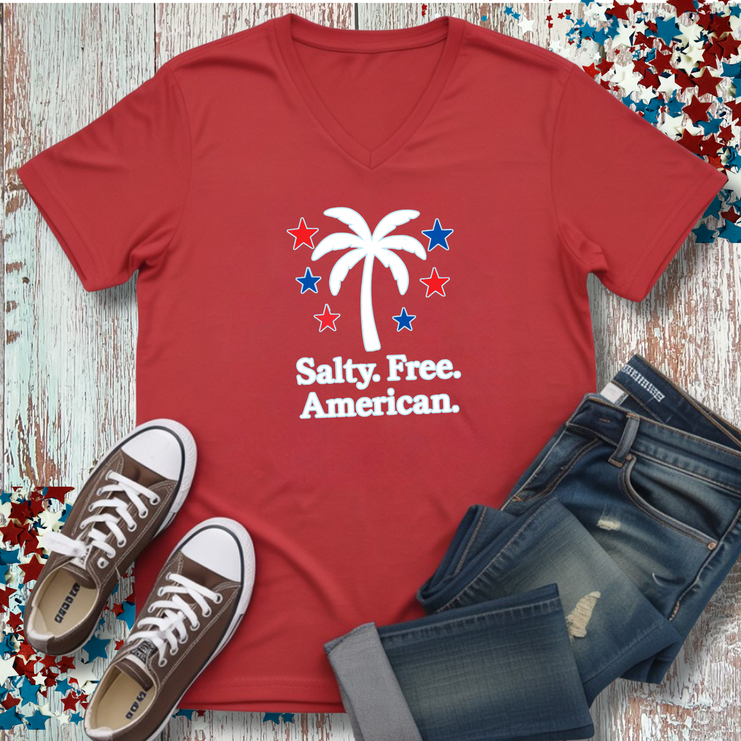 SALTY. FREE. AMERICAN. V-NECK