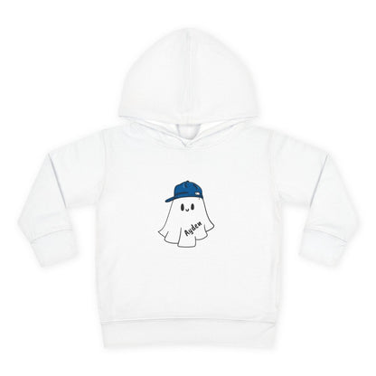 White hoodie with a ghost wearing a blue cap and 'Ayden' text on a white background