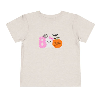 Beige t-shirt with Halloween-themed design on a white background