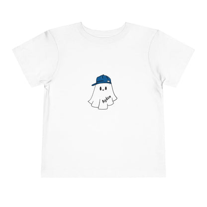 White t-shirt with a ghost wearing a blue cap graphic on a white background