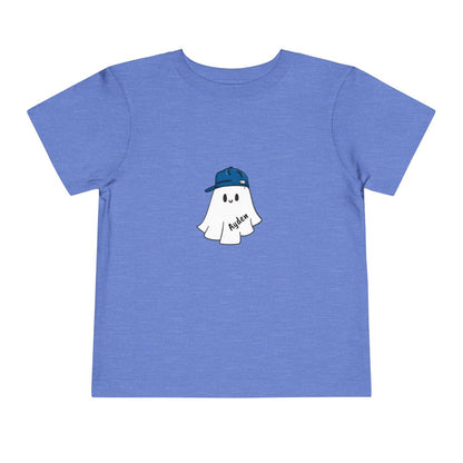 Blue t-shirt with a ghost wearing a cap graphic on a white background