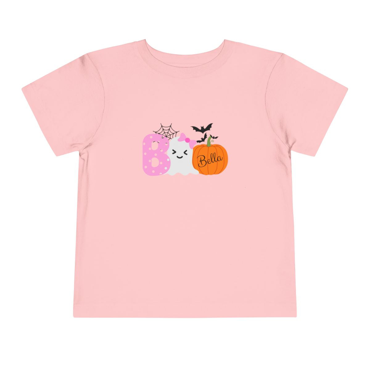 Pink t-shirt with Halloween-themed design and name on a white background