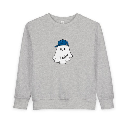 Gray sweatshirt with a ghost wearing a blue cap graphic on a white background