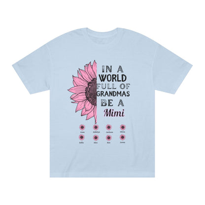 Personalized pink sunflower on a baby blue t-shirt for Mimi, featuring grandkids’ names and stylish quote