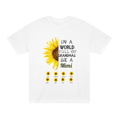 White Personalized grandma shirt with sunflower print and “Mimi” text 