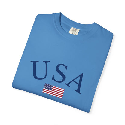 USA t-shirt with red, white, and blue flag print