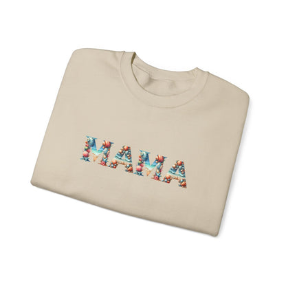folded Sand colored MAMA sweatshirt with beach-themed letters and starfish sleeve design, perfect cozy gift for moms.