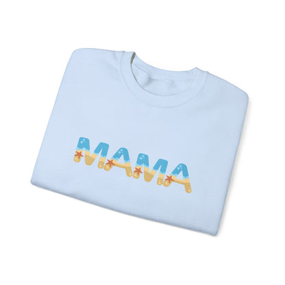 Soft light blue crewneck featuring MAMA in sand and ocean tones with matching starfish down the sleeve, stylish and comfy mom gift.
