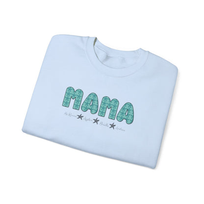 Personalized light blue MAMA sweatshirt with teal starfish letters and kids’ names, perfect beach-themed gift for moms.

Alt Text: