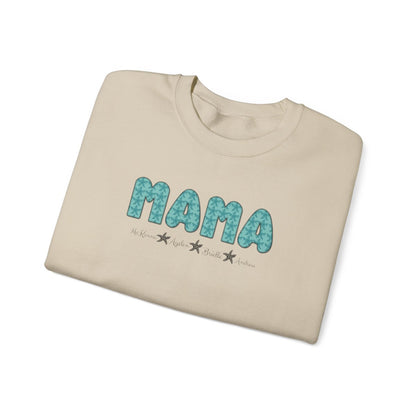 Customizable MAMA sweatshirt with ocean-themed design and child names, ideal for beach-loving mothers.

