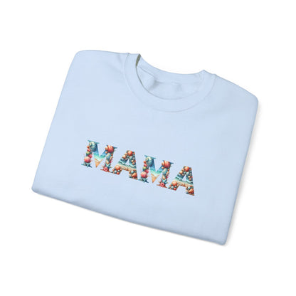 Folded Light blue MAMA sweatshirt with beach-themed letters and starfish sleeve design, great Mother's Day gift!