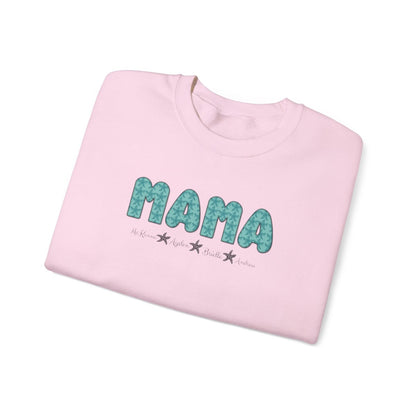 Light pink beachy MAMA sweatshirt with up to 4 children's names and starfish accents, great gift idea for moms.

