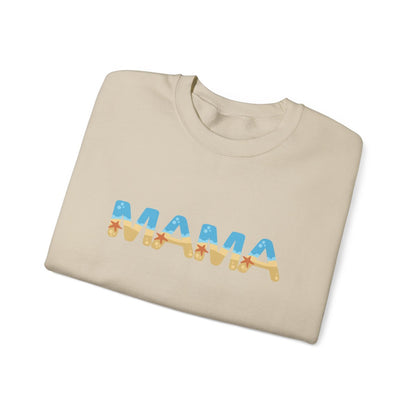 Neutral-tone MAMA sweatshirt with beachy lettering and starfish sleeve detail, perfect for moms who love coastal vibes.