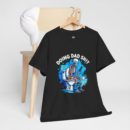 Skeleton graphic shirt for Father’s Day gift idea with blue splash background and white text on a black t shirt