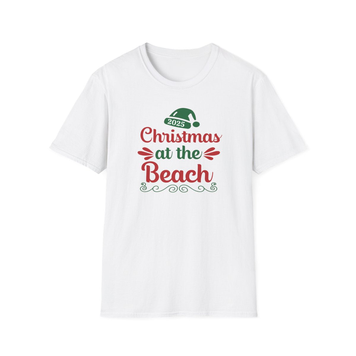 White t-shirt with 'Christmas at the Beach 2023' text on a white background