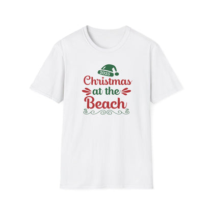 White t-shirt with 'Christmas at the Beach 2023' text on a white background