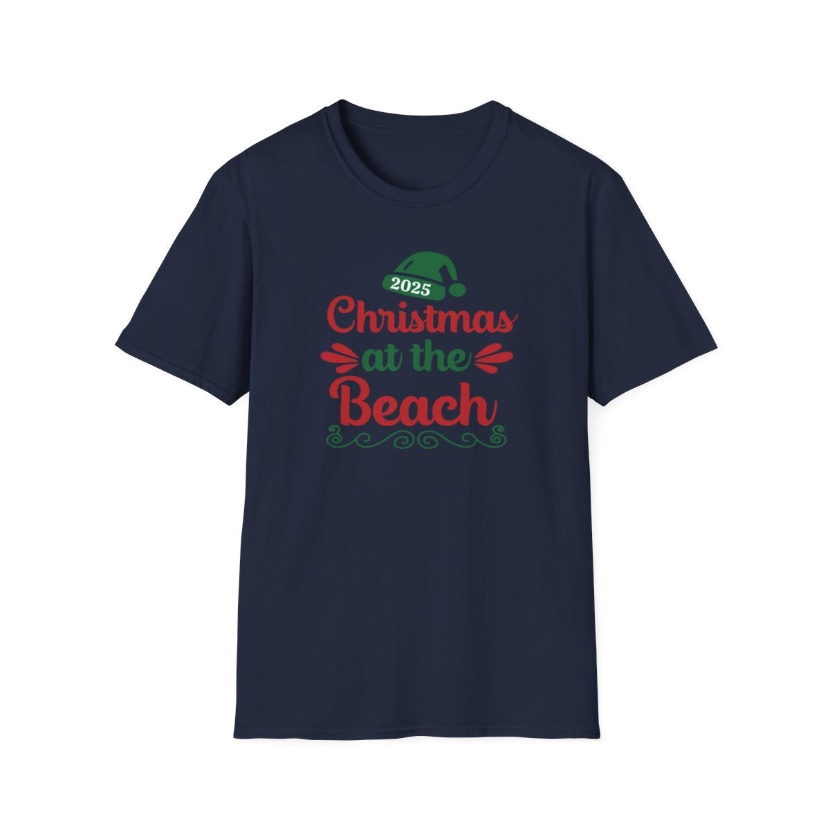 Navy blue t-shirt with 'Christmas at the Beach 2025' text and graphics on a white background