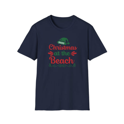 Navy blue t-shirt with 'Christmas at the Beach 2025' text and graphics on a white background