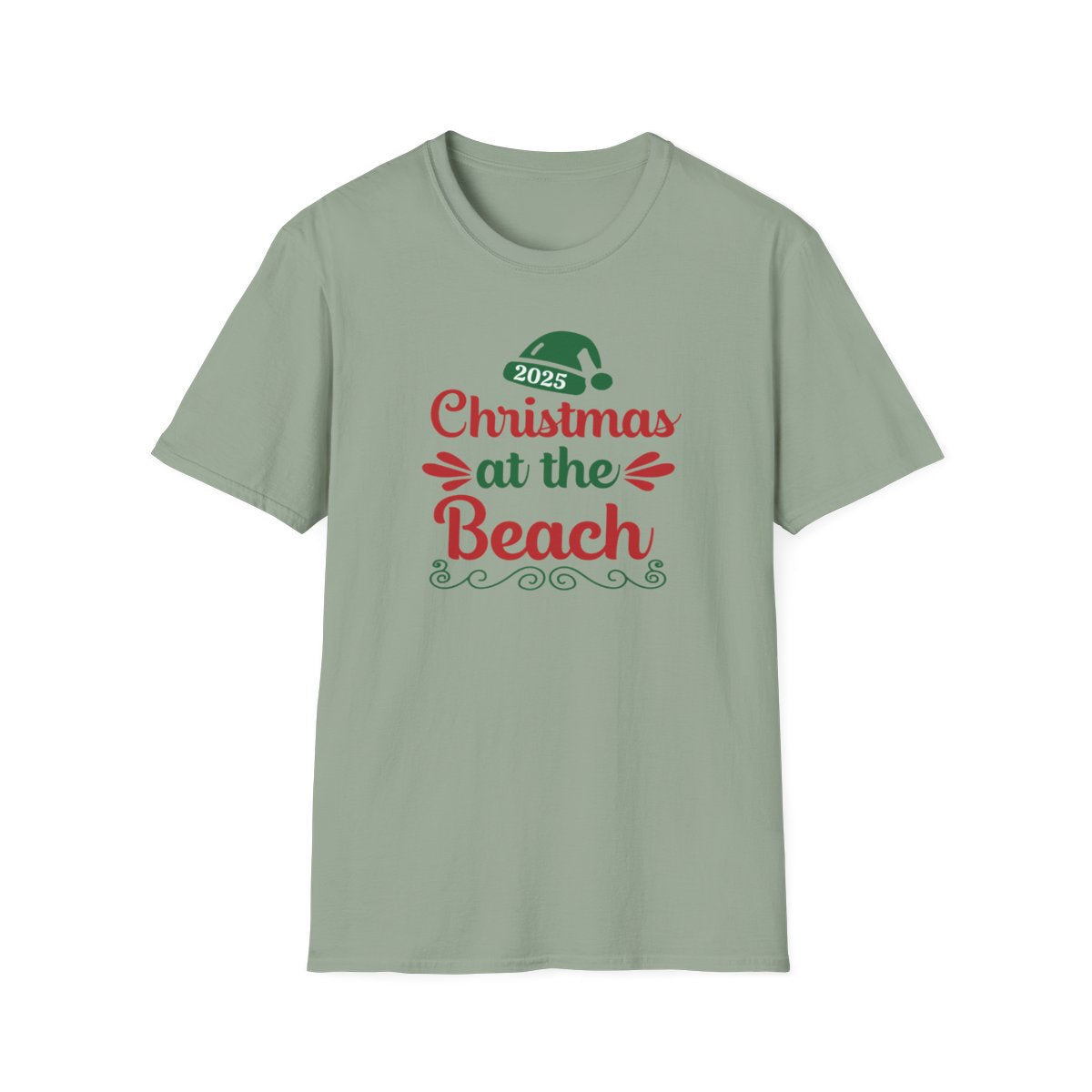 Green t-shirt with 'Christmas at the Beach 2025' text on a white background