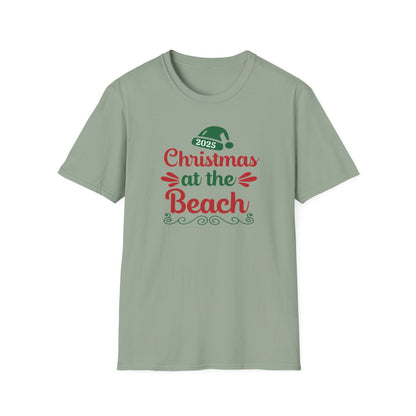 Green t-shirt with 'Christmas at the Beach 2025' text on a white background