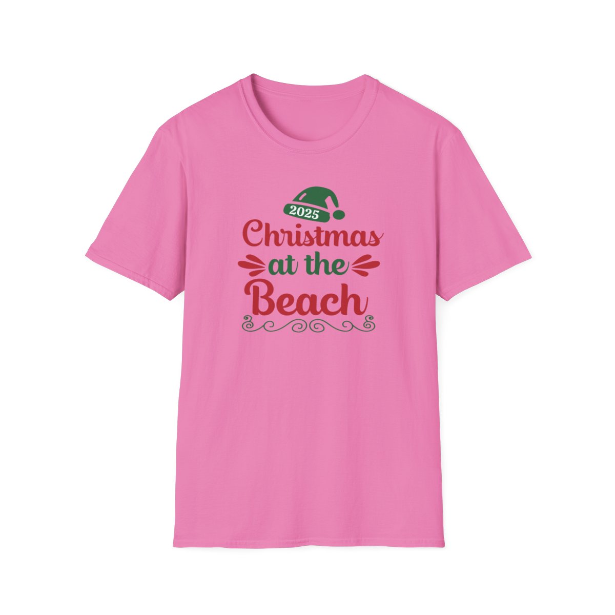 Pink t-shirt with 'Christmas at the Beach 2023' text on a white background
