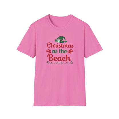 Pink t-shirt with 'Christmas at the Beach 2023' text on a white background