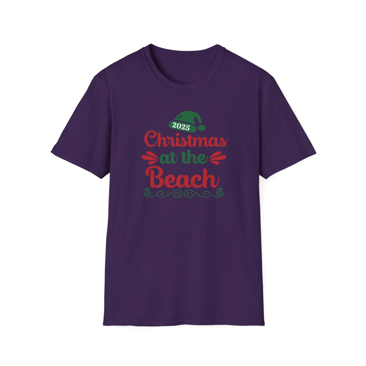 Purple t-shirt with 'Christmas at the Beach 2025' text on a white background