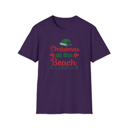 Purple t-shirt with 'Christmas at the Beach 2025' text on a white background