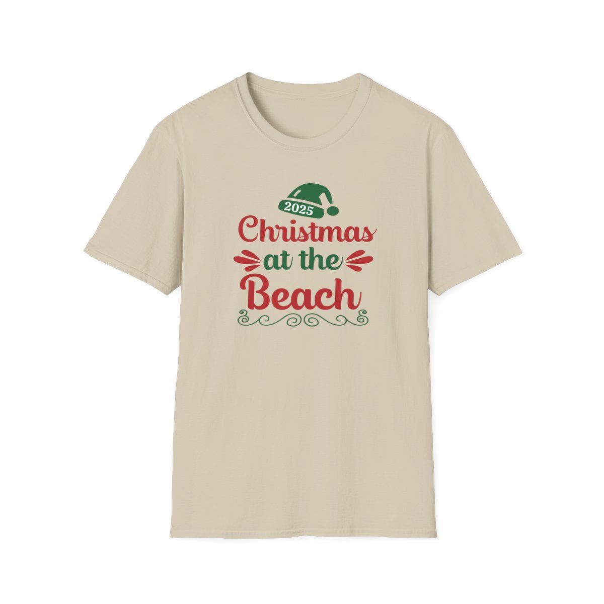 Beige t-shirt with 'Christmas at the Beach 2023' text on a white background